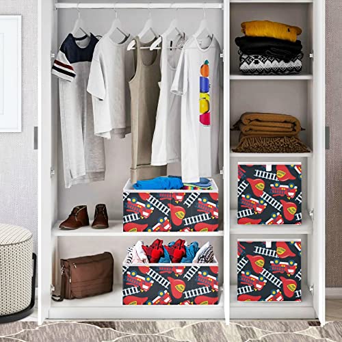 Fire Rescue Red Helmet Truck Storage Baskets for Shelves Foldable Collapsible Storage Box Bins with Fabric Bins Cube Toys Organizers for Pantry Organizing Shelf Nursery Home Closet,16 x 11inch