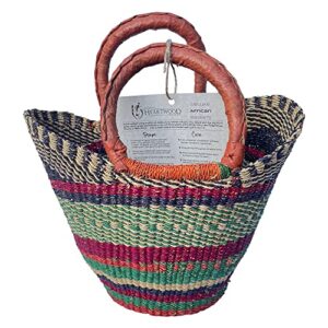 deluxe colorful african shopping basket – small 10″ u-shape – by market women in bolgatanga, ghana with africa heartwood project – gbssc (flat-packed)