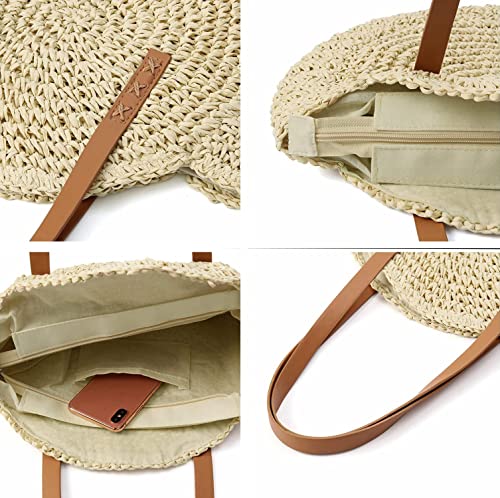 Block Garden Handmade Straw Shoulder Bag for Women Beach Bag Tote Handbag, 01 beige