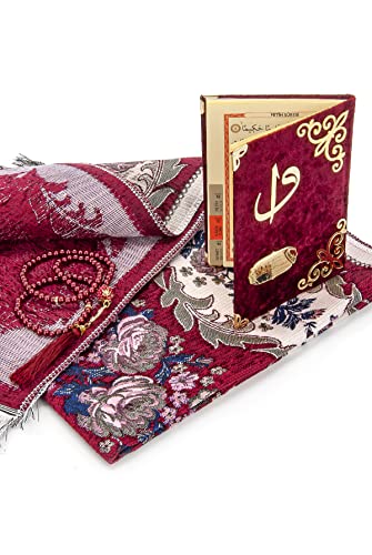 Muslim Prayer Rug, Beads and Yaseen Prayer Book with Elegant Velvet Fabric Bag | Janamaz | Sajadah | Soft Islamic Prayer Rug | Islamic Gifts | Prayer Carpet Mat, Chenille Fabric, Burgundy