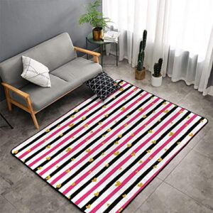 gold and white pattern area rug, romantic teenager love sign hearts on grunge stripes lines decorative contemporary home decor hot pink black and white 59 x 71 inch
