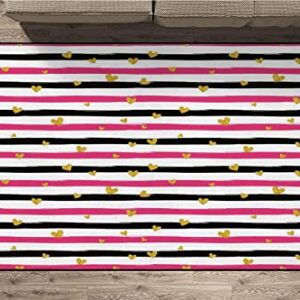 Gold and White Pattern Area Rug, Romantic Teenager Love Sign Hearts on Grunge Stripes Lines Decorative Contemporary Home Decor Hot Pink Black and White 59 x 71 Inch