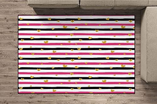 Gold and White Pattern Area Rug, Romantic Teenager Love Sign Hearts on Grunge Stripes Lines Decorative Contemporary Home Decor Hot Pink Black and White 59 x 71 Inch