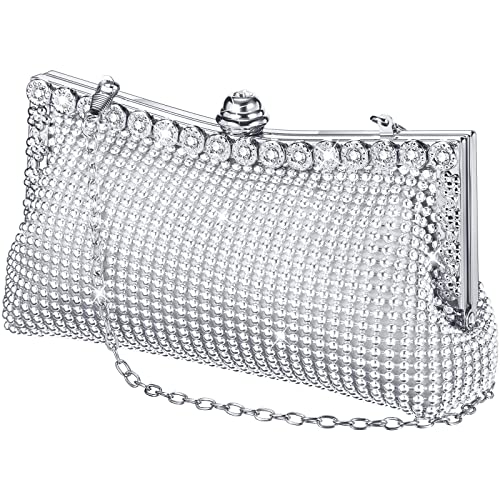 Women Silver Evening Purse Rhinestone Clutch Bag Handbag Bling Shoulder Cross Body with Short and LongChain for Wedding Party (Beads Style)