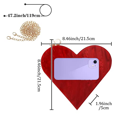 Women Heart Shaped Handbag Acrylic Clutch Purse Chic Shoulder Bag Evening Tote for Party Wedding (Red) One Size