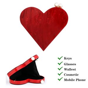 Women Heart Shaped Handbag Acrylic Clutch Purse Chic Shoulder Bag Evening Tote for Party Wedding (Red) One Size