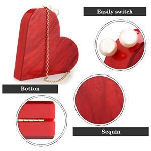 Women Heart Shaped Handbag Acrylic Clutch Purse Chic Shoulder Bag Evening Tote for Party Wedding (Red) One Size