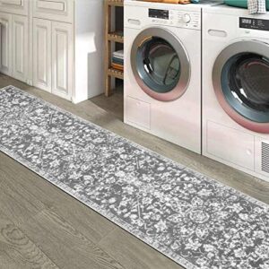 Pauwer Vintage Distressed Runner Rug, Washable Long Area Rug, Medallion Carpet Runner for Laundry Room Kitchen Floor Hallways Bedroom (Grey, 1.7'X10' Ft)