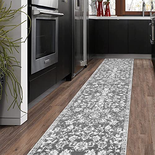 Pauwer Vintage Distressed Runner Rug, Washable Long Area Rug, Medallion Carpet Runner for Laundry Room Kitchen Floor Hallways Bedroom (Grey, 1.7'X10' Ft)