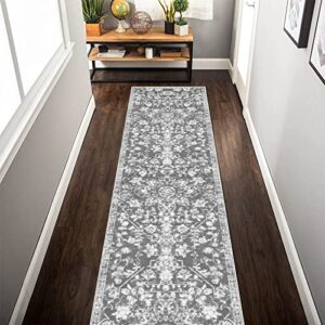 Pauwer Vintage Distressed Runner Rug, Washable Long Area Rug, Medallion Carpet Runner for Laundry Room Kitchen Floor Hallways Bedroom (Grey, 1.7'X10' Ft)