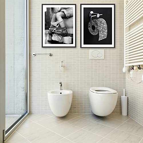 SIKYUCOR Bath Wall Decor Funny Bathroom Wall Art Prints Glam Glitter Tissue Toilet Paper Artwork Wall Black and White Silver Grey Modern Fashion Minimalist Lines Art Decor (8"x10" UNFRAMED)