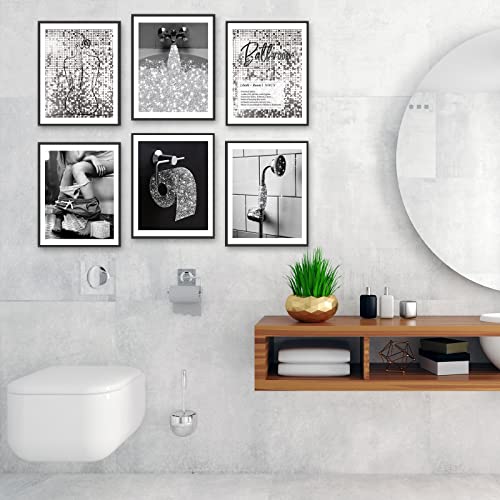 SIKYUCOR Bath Wall Decor Funny Bathroom Wall Art Prints Glam Glitter Tissue Toilet Paper Artwork Wall Black and White Silver Grey Modern Fashion Minimalist Lines Art Decor (8"x10" UNFRAMED)
