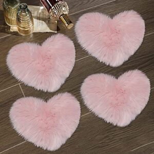 4 pieces heart shaped fluffy faux area rug,small soft sheepskin long plush room carpet,shaggy floor mats for home living room bedroom floor decorative (12 x 16 inch),pink
