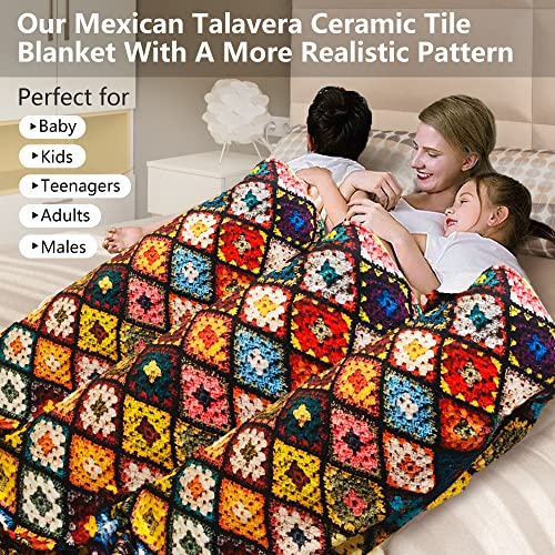 Throw Blanket Mexican Talavera Tile Blankets for Bed Sofa Couch Vintage Turkish Flannel Fleece Throw Blanket for Adults Kids Home Décor Soft Blanket