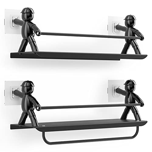 coorack Floating Shelves Wall Mounted, 2 Pack Metal Black Bathroom Shelf with Towel Bar, Modern Organizer Decorative Storage for Kitchen Bedroom Living Room, 13D x 42W 14H cm