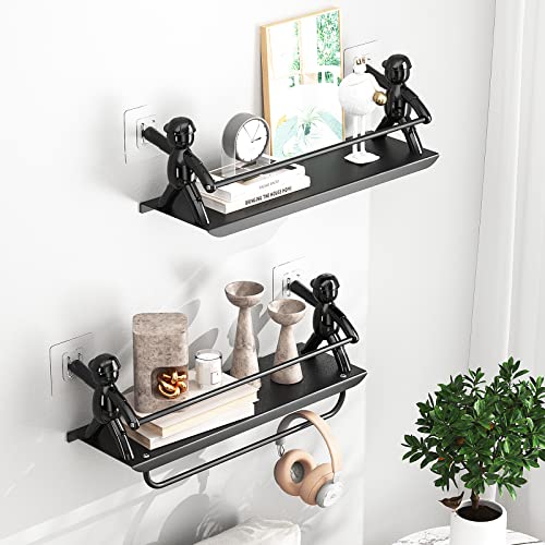 coorack Floating Shelves Wall Mounted, 2 Pack Metal Black Bathroom Shelf with Towel Bar, Modern Organizer Decorative Storage for Kitchen Bedroom Living Room, 13D x 42W 14H cm