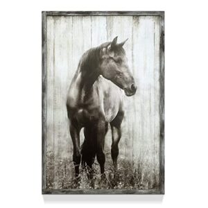 Horse Print Rustic Framed Painting: Gray Wildlife Animal Wooden Wall Art Portrait Picture Decor Artwork for Bedroom Farmhouse 24"x36"