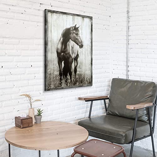 Horse Print Rustic Framed Painting: Gray Wildlife Animal Wooden Wall Art Portrait Picture Decor Artwork for Bedroom Farmhouse 24"x36"