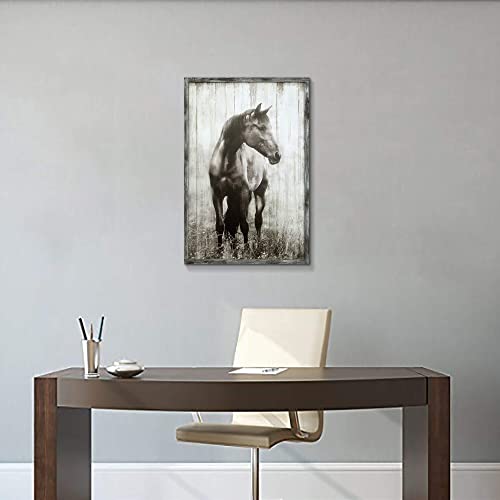 Horse Print Rustic Framed Painting: Gray Wildlife Animal Wooden Wall Art Portrait Picture Decor Artwork for Bedroom Farmhouse 24"x36"