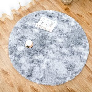 omerai round rug 5ft shaggy soft round area rug for bedroom, grey cricle rug and fluffy carpets for living room, non-slip home decor,5’x5′ grey round fur rug