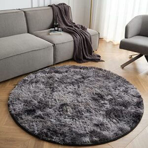 OMERAI Round Rug 5ft Shaggy Soft Round Area Rug for Bedroom, Grey Cricle Rug and Fluffy Carpets for Living Room, Non-Slip Home Decor,5'X5' Grey Round Fur Rug