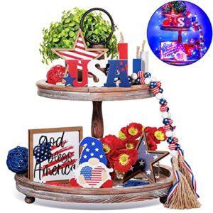 yulejo 11 pieces 4th of july tiered tray decor with led lights patriotic wooden signs god bless america usa gnome american flag star independence day farmhouse rustic red white blue sign for home