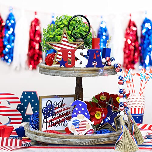 Yulejo 11 Pieces 4th of July Tiered Tray Decor with LED Lights Patriotic Wooden Signs God Bless America USA Gnome American Flag Star Independence Day Farmhouse Rustic Red White Blue Sign for Home