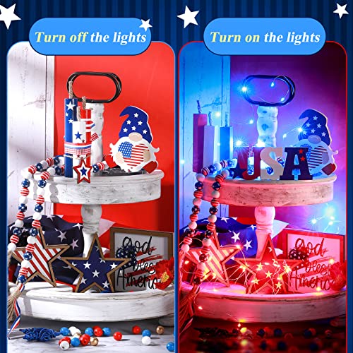 Yulejo 11 Pieces 4th of July Tiered Tray Decor with LED Lights Patriotic Wooden Signs God Bless America USA Gnome American Flag Star Independence Day Farmhouse Rustic Red White Blue Sign for Home