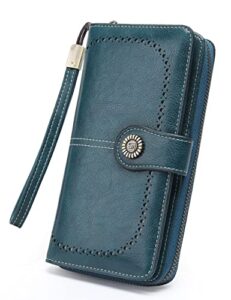 jjuq womens wallet leather large capacity card holder zipper wristlet wallets for women-peacock blue