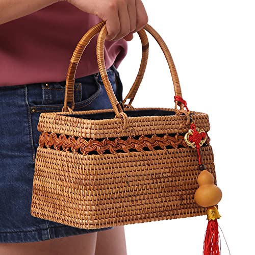 Rattan Woven Handbag Tote Bag w/Cucurbit & Tassel Accessory, Chinese Natural Women Beach Purse Basket for Summer, Mom's Gift (Size : 25x15x15cm/9.8x5.9x5.9in)