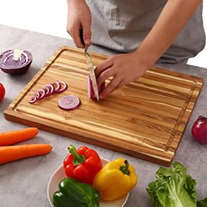 Large Teak Wood Cutting Board for Kitchen, Reversible Wooden Chopping Board With Juice Grooves and Handles,Ideal for Chopping Meat, Vegetables, Fruits, Bread, Cheese, 17x12"