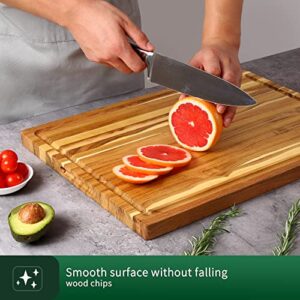 Large Teak Wood Cutting Board for Kitchen, Reversible Wooden Chopping Board With Juice Grooves and Handles,Ideal for Chopping Meat, Vegetables, Fruits, Bread, Cheese, 17x12"