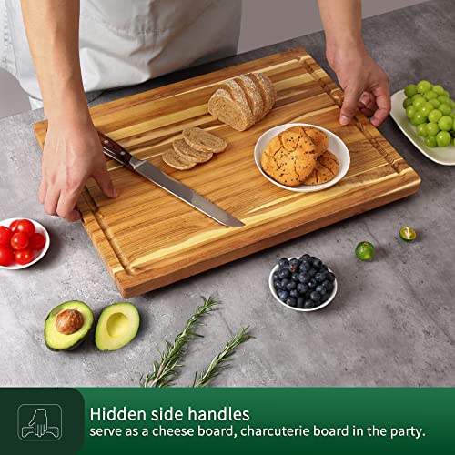 Large Teak Wood Cutting Board for Kitchen, Reversible Wooden Chopping Board With Juice Grooves and Handles,Ideal for Chopping Meat, Vegetables, Fruits, Bread, Cheese, 17x12"