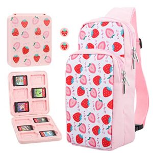fanpl carrying case for nintendo switch/oled/ lite travel bag, pink shoulder backpack set with game case and thumb grip caps, switch accessories portable crossbody bag with strawberry for girls