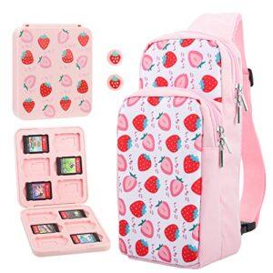 FANPL Carrying Case for Nintendo Switch/OLED/ Lite Travel Bag, Pink Shoulder Backpack Set with Game Case and Thumb Grip Caps, Switch Accessories Portable Crossbody Bag with Strawberry for Girls