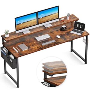 odk computer desk with adjustable monitor shelves, 63 inch home office desk with monitor stand, writing desk, study workstation with 3 heights (10cm, 13cm, 16cm), rustic brown