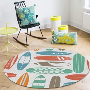 Summer Sport 3.3 ft Round Area Rug Microfiber Soft Circular Carpet Anti-Skid Non-Shedding Throw Rugs Decorative Circle Floor Mat for Home Decor Colorful Surf Board Tiled Geometric Style