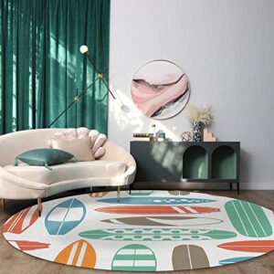 Summer Sport 3.3 ft Round Area Rug Microfiber Soft Circular Carpet Anti-Skid Non-Shedding Throw Rugs Decorative Circle Floor Mat for Home Decor Colorful Surf Board Tiled Geometric Style