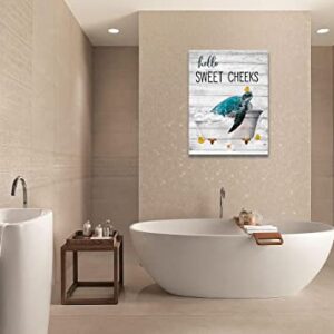 citari Sea Turtle Bathroom Wall Art Teal Sea Turtle Pictures Funny Sea Turtle in Bathtub Canvas Painting Print Artworks Coastal Beach Themed Ocean Animal Nautical Bathroom Decor Framed12''x16''