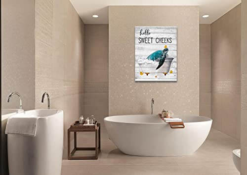 citari Sea Turtle Bathroom Wall Art Teal Sea Turtle Pictures Funny Sea Turtle in Bathtub Canvas Painting Print Artworks Coastal Beach Themed Ocean Animal Nautical Bathroom Decor Framed12''x16''