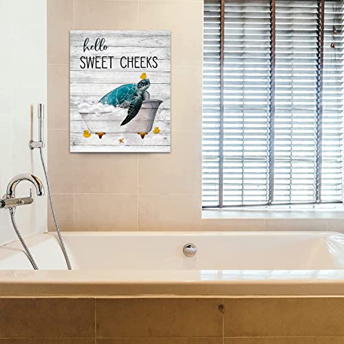 citari Sea Turtle Bathroom Wall Art Teal Sea Turtle Pictures Funny Sea Turtle in Bathtub Canvas Painting Print Artworks Coastal Beach Themed Ocean Animal Nautical Bathroom Decor Framed12''x16''