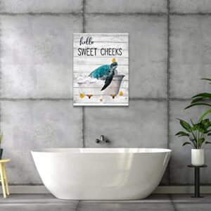 citari Sea Turtle Bathroom Wall Art Teal Sea Turtle Pictures Funny Sea Turtle in Bathtub Canvas Painting Print Artworks Coastal Beach Themed Ocean Animal Nautical Bathroom Decor Framed12''x16''