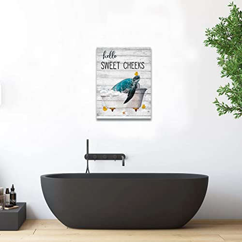 citari Sea Turtle Bathroom Wall Art Teal Sea Turtle Pictures Funny Sea Turtle in Bathtub Canvas Painting Print Artworks Coastal Beach Themed Ocean Animal Nautical Bathroom Decor Framed12''x16''