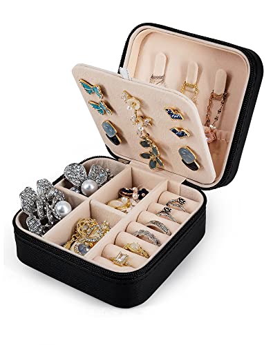 FireKylin Travel Jewelry Case for Women, Small Jewelry Box for Travelling, PU Leather Ring Earring Necklace Bracelet Holder Organizer (Black)