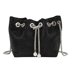 hyuyikuwol women rhinestones crystal clutch drawstring bucket bag mini evening bags crossbody purses pearl pendant party prom wedding small shoulder, black