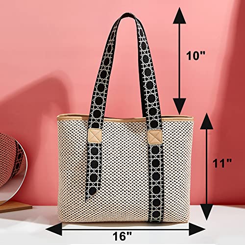 QTKJ Straw Bag, Beach Bags for Women, Soft Woven Beach Tote Canvas Shoulder Strap, Handmade Rattan Handbag for Vacation, Travel and Daily (Black 2)