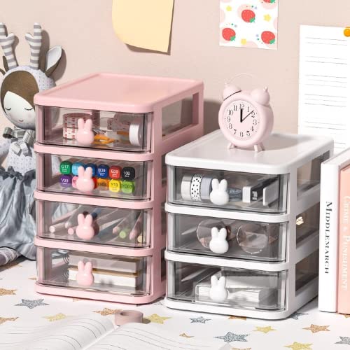 Nipogear Cartoon,Desktop Storage Box,Transparent Small Drawer Storage Box,Plastic Mini Storage Box,Stationery Storage Box (Pink-4)