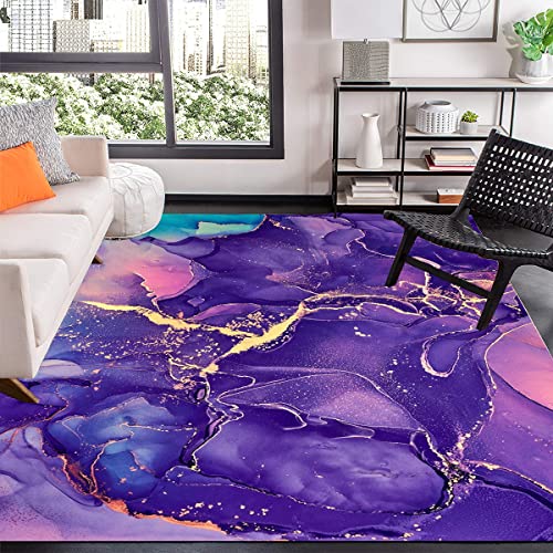 Purple Gold Soft Shaggy Throw Rug for Girls Living Room Bedroom Non-Shedding Medium Pile Carpet Under Dining Table Marble Pattern Colorful Home Office Floor Rug Indoor Kitchen Hallway Runner 5x8