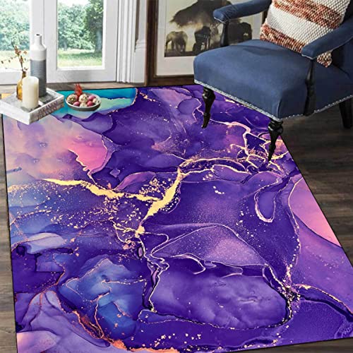 Purple Gold Soft Shaggy Throw Rug for Girls Living Room Bedroom Non-Shedding Medium Pile Carpet Under Dining Table Marble Pattern Colorful Home Office Floor Rug Indoor Kitchen Hallway Runner 5x8