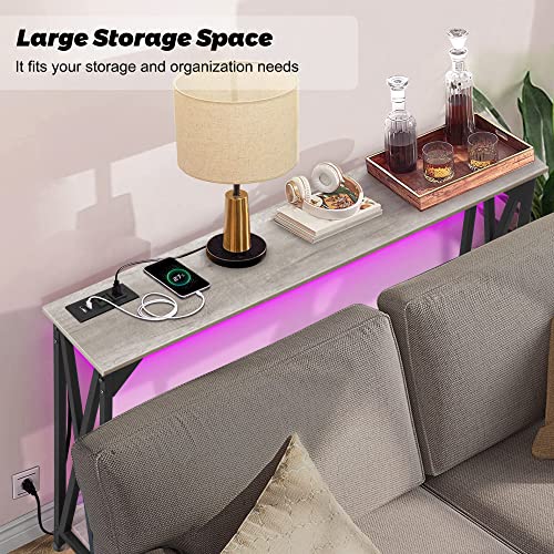 DANSION 2 Tiers Console Sofa Table with Power Outlet, Industrial Entryway Table with Open Storage Shelf, Accent Side Table with LED Strip Lights for Hallway Living Room, X-Shaped Metal Frame Support
